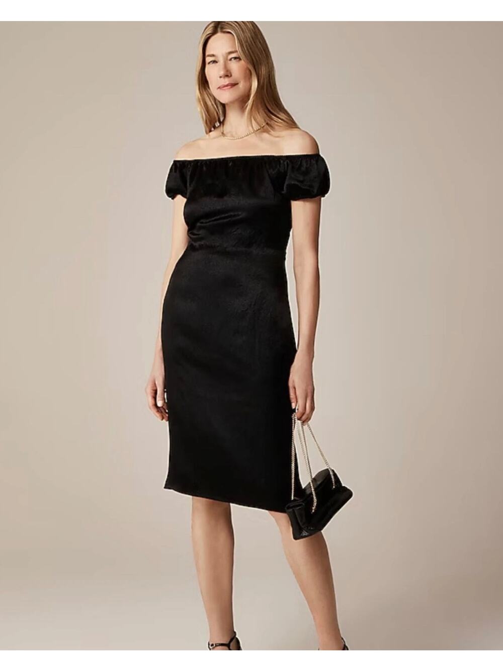 J.Crew Off The Shoulder Slip Dress in Textured Satin in Black Size 10 NWT $178